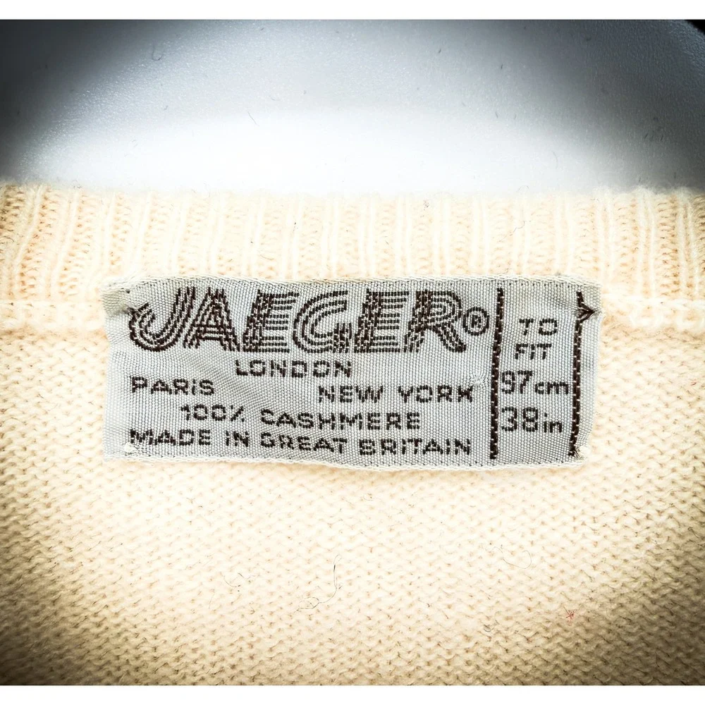 Vtg JAEGER London 100% Pure Cashmere Knit Sweater Cream Striped Scandi Grandpa M - Picture 3 of 5